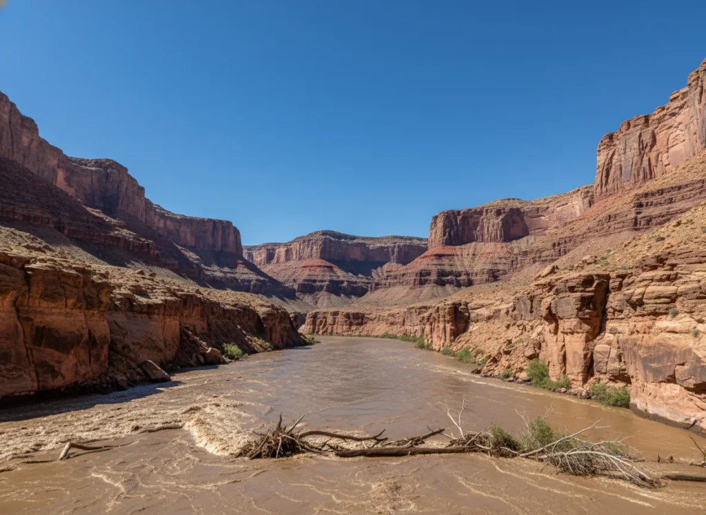 A view of a sunny, clear sky over a deep canyon where the river below is a raging, muddy torrent from an unseen upstream storm.