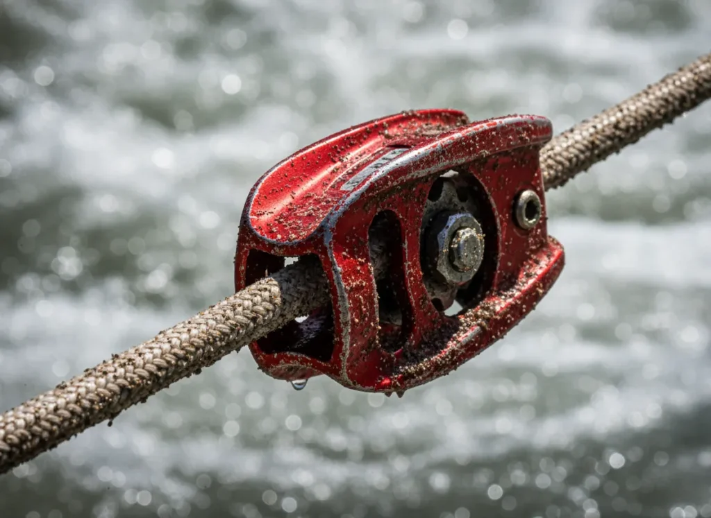 A close-up of a wet and sandy rescue rope running through a pulley, demonstrating friction.