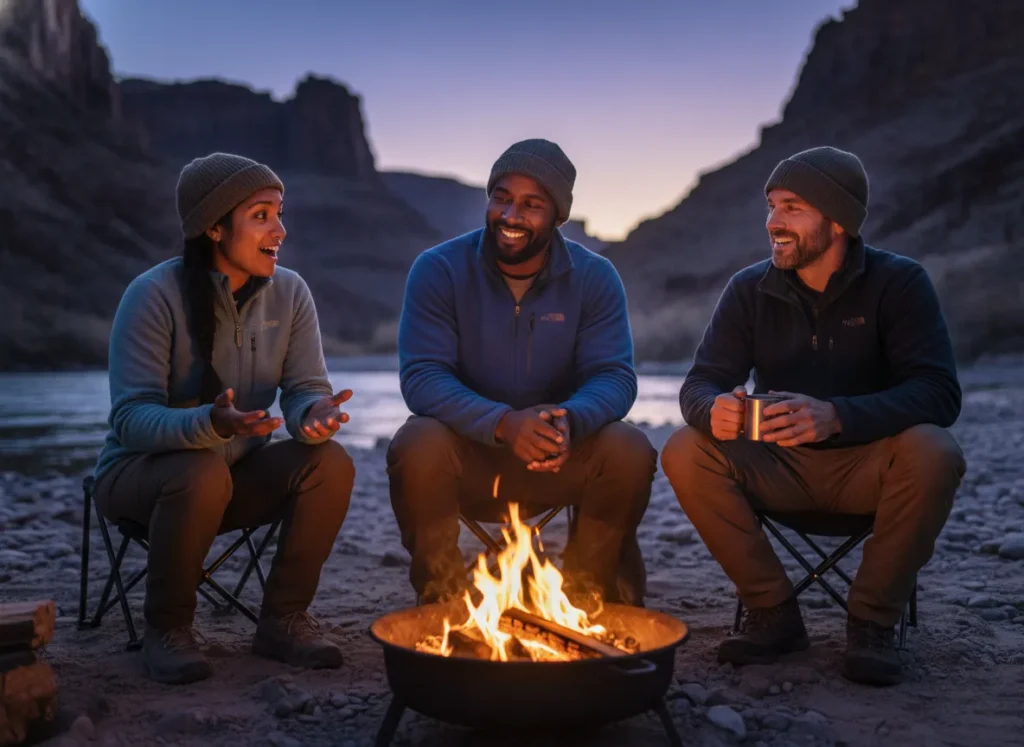 A group of rafters sits around a fire pan at their campsite at dusk, engaged in a post-trip debrief.