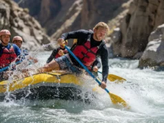 How to Paddle Brace in a Raft: The Definitive Safety Guide A male rafter in a PFD executes a perfect low paddle brace to stabilize his raft in a challenging whitewater rapid.