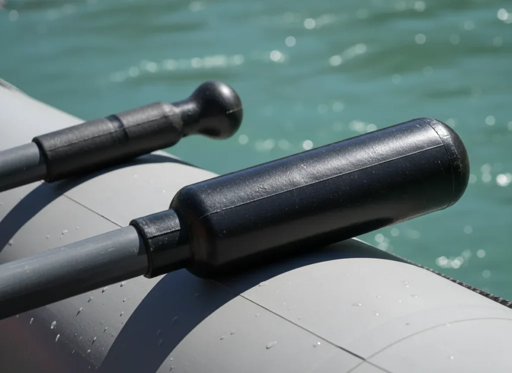A close-up comparison of a standard oar handle and one fitted with a heavy counterbalance weight.