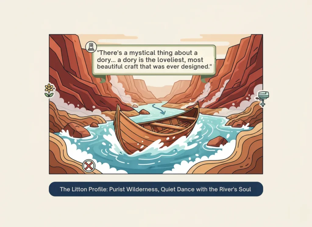 A vibrant, non-photorealistic illustration of Martin Litton's wooden dory gliding through the dramatic rapids of the Grand Canyon, embodying his purist philosophy of quiet wilderness immersion and conservation, with an integrated quote on the mystic beauty of the craft.