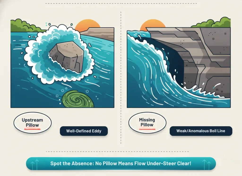 Side-by-side infographic diagram comparing safe rock and undercut rock in a river, highlighting the missing pillow as a key hazard indicator, with dynamic water flows, layered rock formations, and labeled features in a vibrant educational cartoon style.