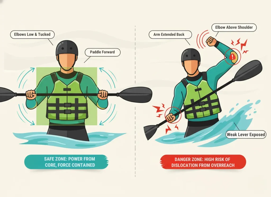 A two-panel infographic illustrating safe and dangerous paddling positions to prevent shoulder dislocation: left panel shows the "Paddler's Box" safe zone with outlined rectangle and low elbows; right panel highlights the high-risk "tenuous shoulder position" in red with extended arm.