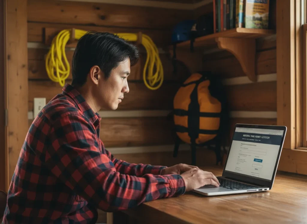 A man sits at his desk applying for a river permit on his laptop, with rafting gear visible in the background.