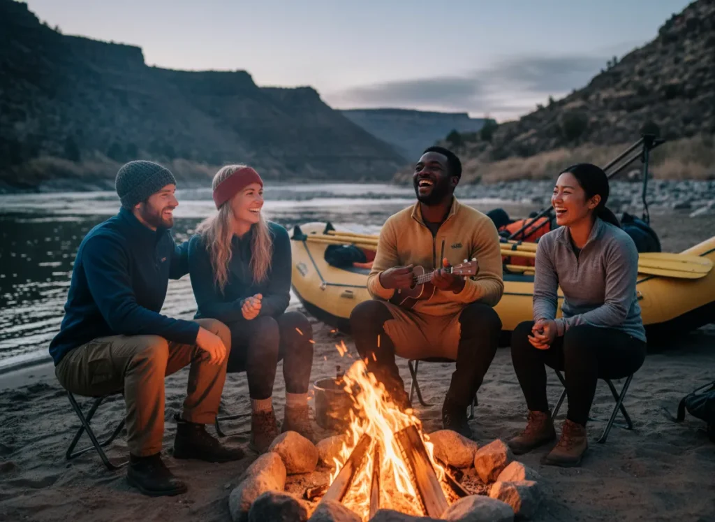 A compatible and diverse group of rafters laugh together around a campfire on a beach, enjoying their private expedition.