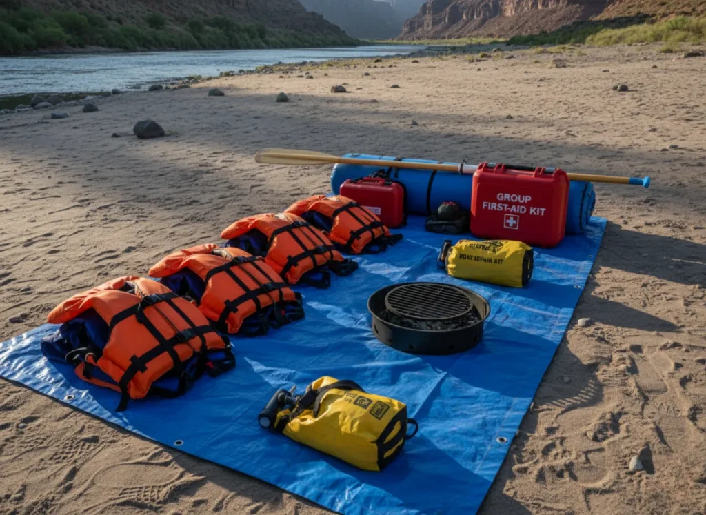 A collection of essential group rafting gear, including life vests, a first-aid kit, and a spare oar, organized on a tarp before being packed for a trip.