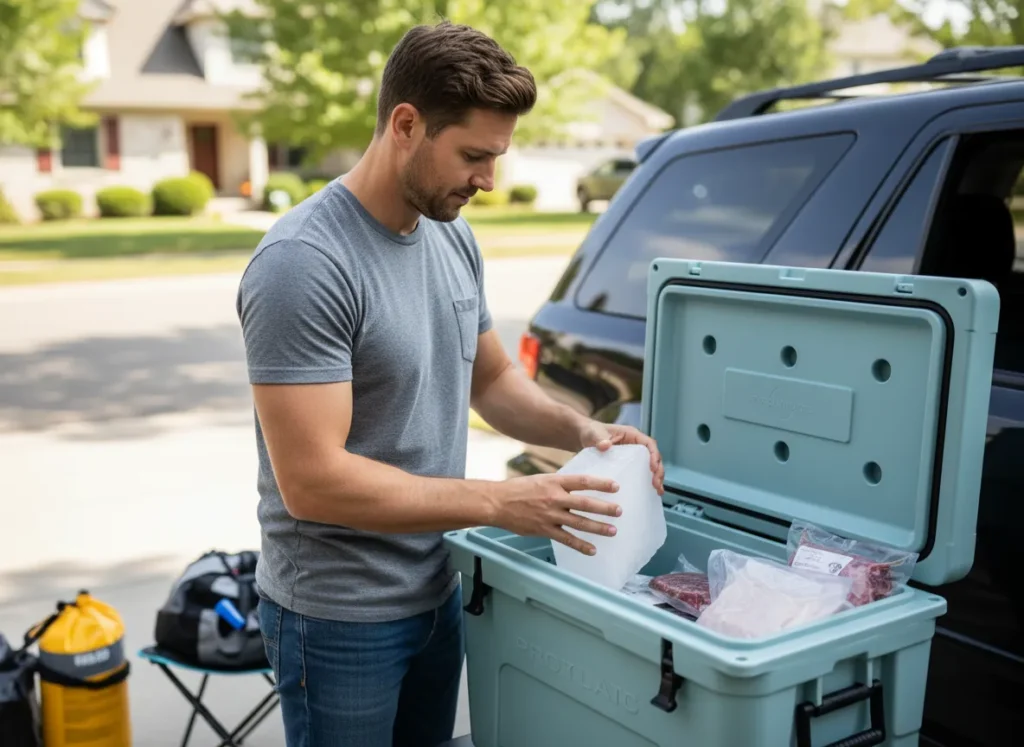 A man carefully packs a cooler with block ice and food in his driveway, managing the pre-launch logistics for a rafting trip.