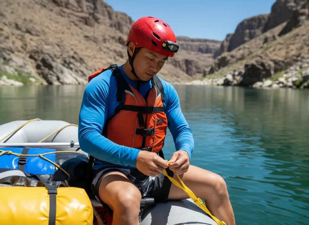 A focused rafter carefully manages a cam strap tail on his raft, demonstrating a key on-river safety protocol.