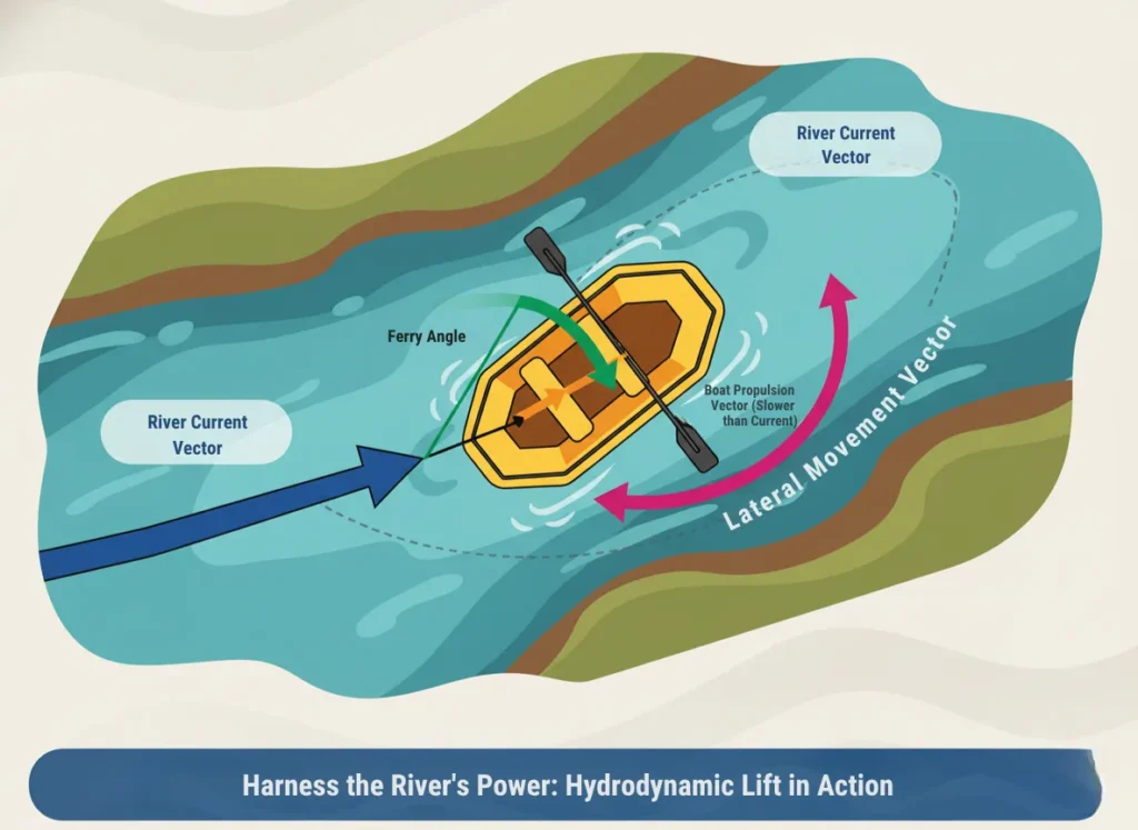 Top-down vector diagram explaining the physics of ferrying in whitewater rafting, featuring a stylized river current with an angled raft hull generating hydrodynamic lift through labeled force vectors for educational clarity.