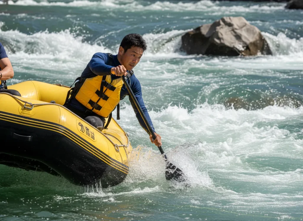 A male raft guide expertly executes a back ferry maneuver, paddling to move the raft sideways across the river current to avoid a downstream obstacle.