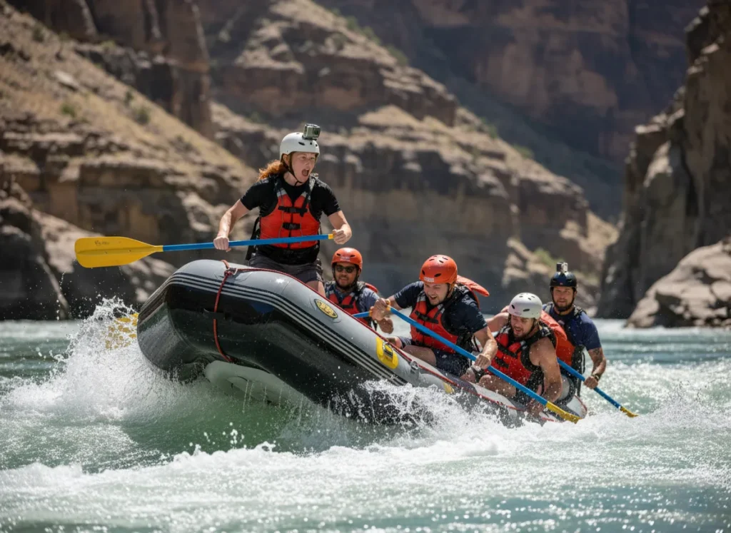 A female raft guide shouts a command as her crew performs a "High Side" to safely navigate a turbulent eddy line, demonstrating the golden rule of ferrying.