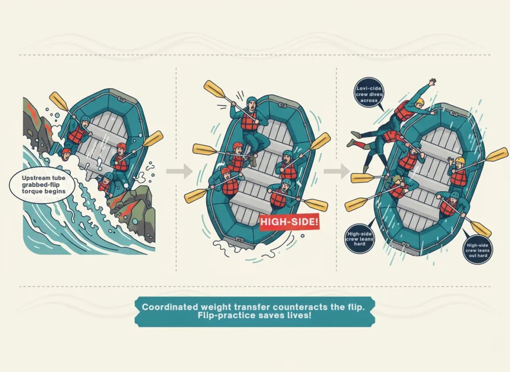 Step-by-step infographic depicting the high-side command in whitewater rafting: a raft caught sideways in a hydraulic, the guide's urgent shout, and the crew's coordinated weight shift to prevent a capsize, illustrated in a dynamic, educational cartoon style.