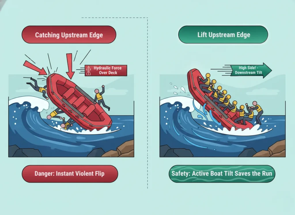 Two-panel infographic illustrating rafting safety: left panel shows the danger of catching an upstream edge during an eddy line cross with hydraulic force causing a flip; right panel demonstrates prevention via downstream tilt and high-side maneuver lifting the upstream edge for safe passage.