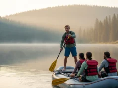 Rafting Skills Guide: From Flatwater Practice to The River A male rafting guide in a PFD teaching a group paddle techniques in a raft on a calm lake at sunrise.