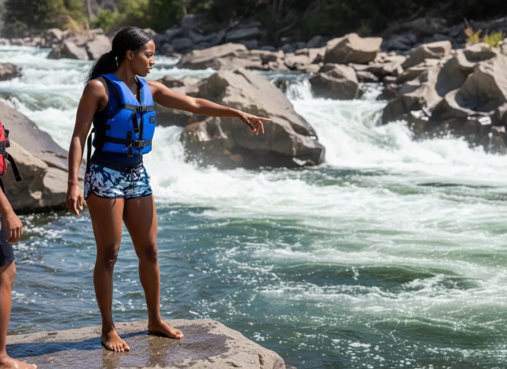 A female river guide in a life vest stands on a rock scouting a rapid, pointing to a feature in the water to identify a river hazard.