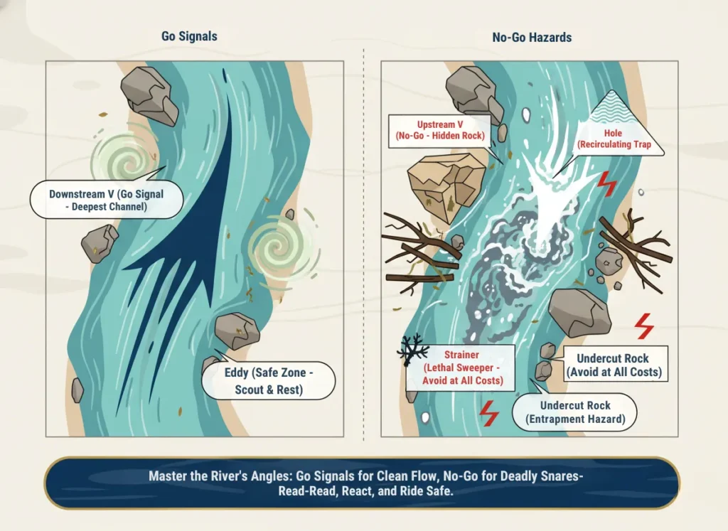 Top-down infographic diagram illustrating safe passage features and hazards in a river rapid, with labeled Downstream V, Eddy for "Go" zones and Upstream V, Hole, Strainer, Undercut Rock for "No-Go" zones, in a vibrant educational vector style.