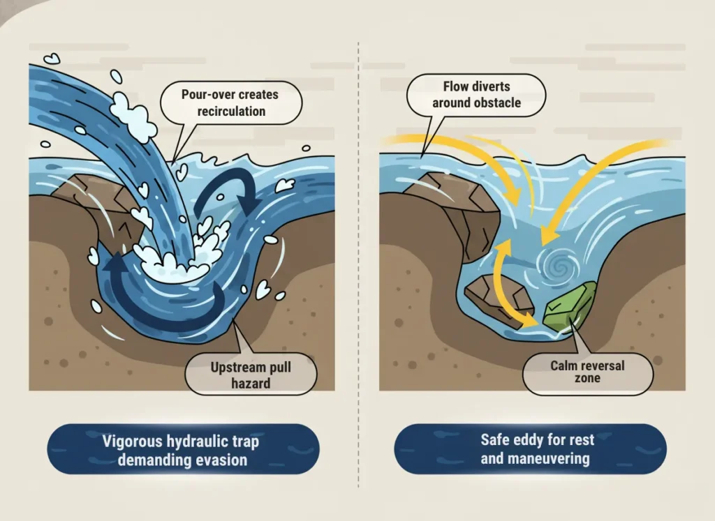 High-contrast cross-sectional infographic diagram comparing dangerous river hydraulic hole formation versus safe eddy creation, illustrating water flow patterns over and around obstacles for paddling safety and hazard identification.