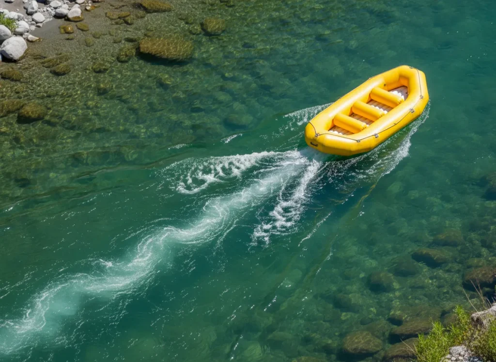 An aerial view of a yellow raft angled against a river's current, showing the water dynamics and hydrodynamic lift that make ferrying possible.