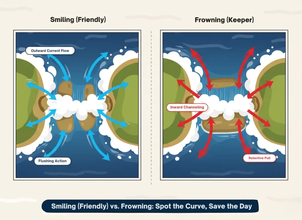 Top-down infographic diagram illustrating the difference between smiling (outward-flowing, friendly) and frowning (inward-channeling, keeper) hydraulic holes in rivers, featuring curved foam edges, directional current arrows, and explanatory labels in a vibrant, educational vector style.