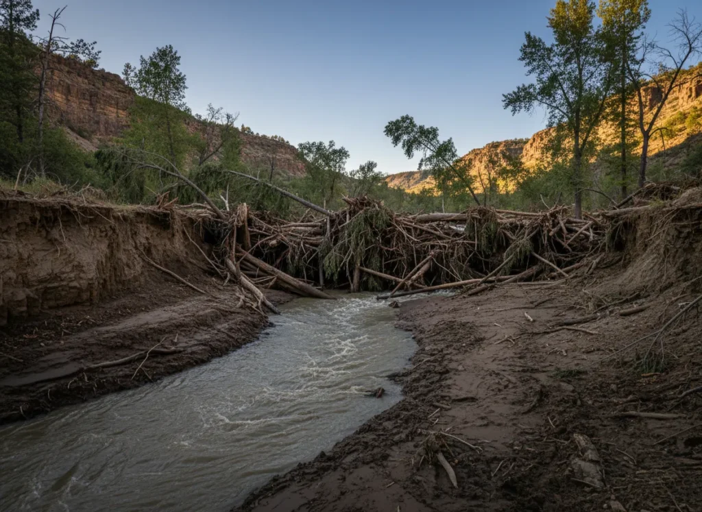 The aftermath of a flash flood showing a massive new logjam completely altering the river channel, highlighting post-flood dangers.