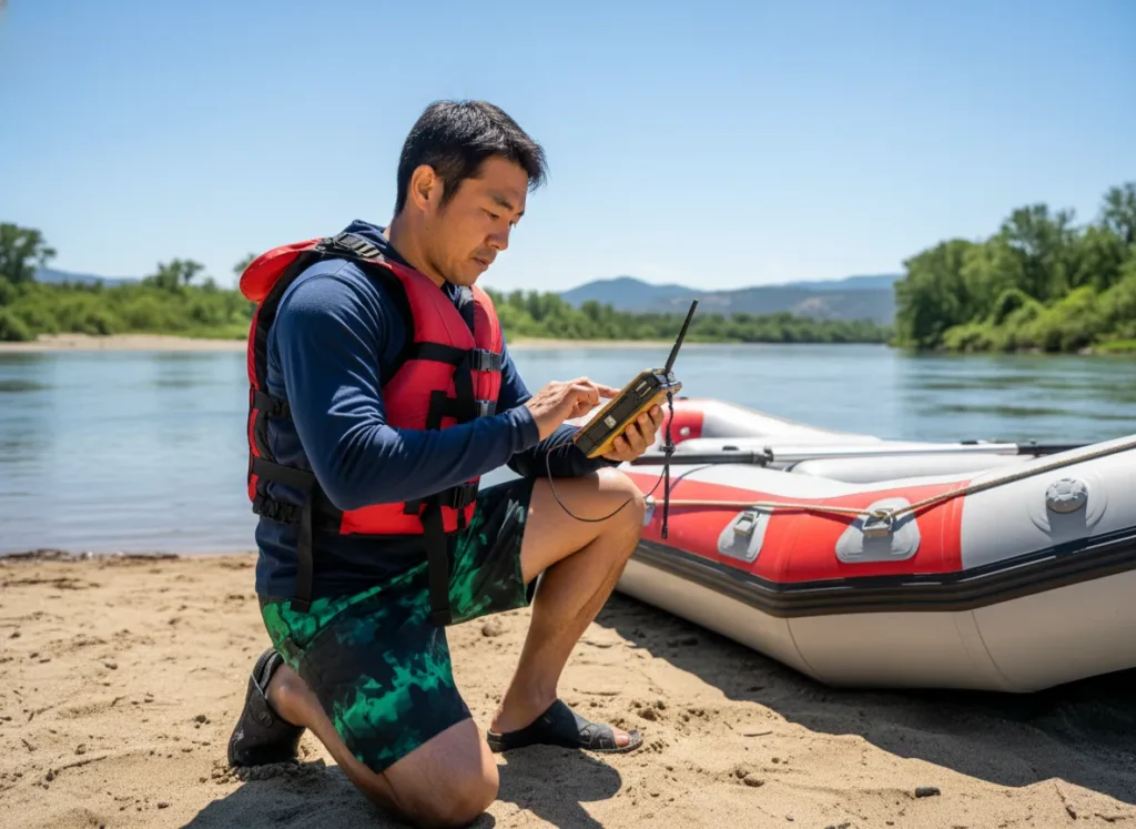 A male rafter kneels on a riverbank checking a satellite communication device for weather threats before launching his raft.