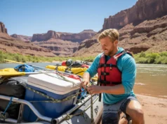 The Complete Blueprint: Your First Private Rafting Trip A handsome, capable man in his early 30s checks the gear on his raft at the river's edge, preparing to lead a private rafting expedition through a beautiful canyon.