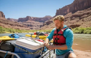 The Complete Blueprint: Your First Private Rafting Trip A handsome, capable man in his early 30s checks the gear on his raft at the river's edge, preparing to lead a private rafting expedition through a beautiful canyon.