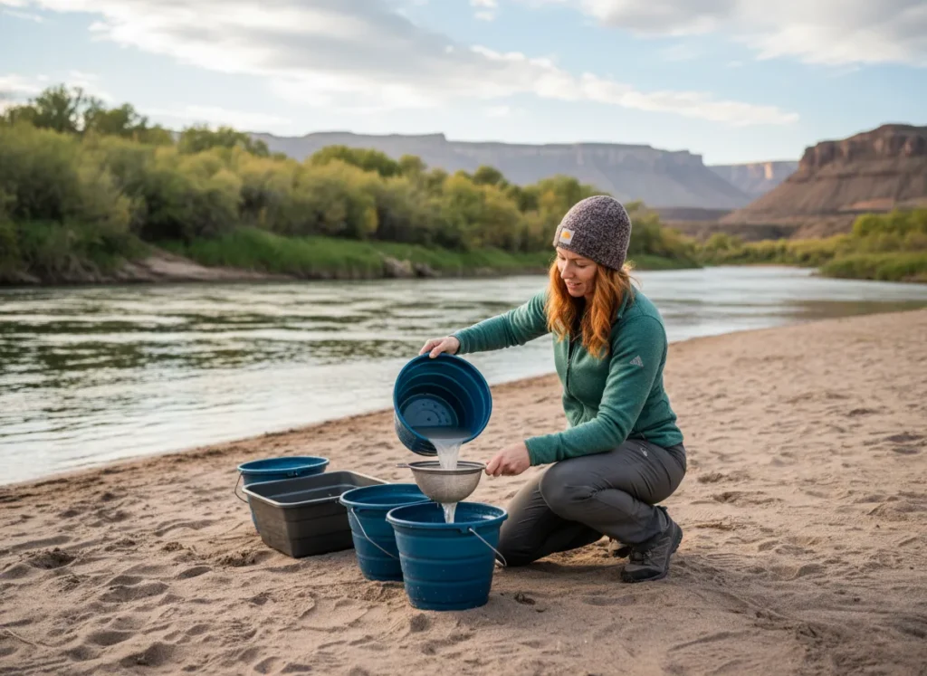 A woman at a riverside campsite practices Leave No Trace principles by carefully straining dishwater as part of a 4-bucket washing system.