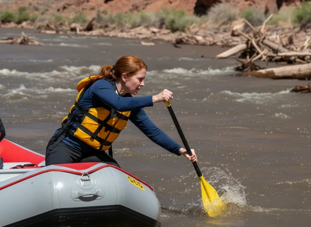 A female rafter paddles with urgent intensity to get her raft to shore during a sudden flash flood surge.