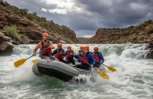 The Rafter’s Field Guide to Keeper Hole Hydraulics A team of rafters in a bright yellow raft paddling hard through a challenging whitewater rapid in a deep canyon.