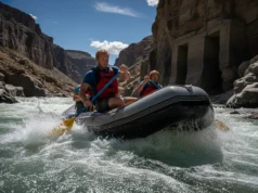 The Rafter’s Field Guide to River Flash Floods An experienced male rafter navigates a challenging river in a deep canyon, representing the skills needed to handle dangerous river conditions.