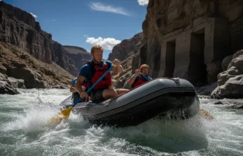 The Rafter’s Field Guide to River Flash Floods An experienced male rafter navigates a challenging river in a deep canyon, representing the skills needed to handle dangerous river conditions.