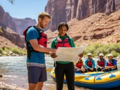 The River Trip Safety Plan: A Rafter’s Blueprint A male trip leader gives a safety briefing to his rafting group on a sunny riverbank, pointing at a map before their trip.