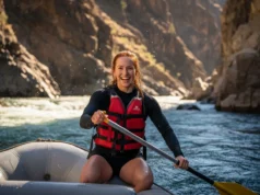 The Woman’s Guide to Whitewater Rafting & River Skills A strong, athletic woman with red hair smiles confidently while paddling a raft through whitewater rapids in a sunny canyon.