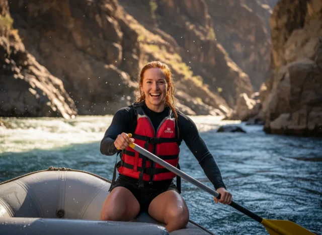 the-womans-guide-to-whitewater-rafting-and-river-skills A strong, athletic woman with red hair smiles confidently while paddling a raft through whitewater rapids in a sunny canyon.