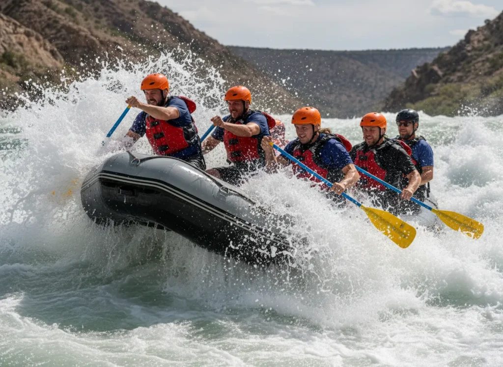 A coordinated raft crew paddles in perfect unison to power their boat through a large, crashing wave in a whitewater rapid.