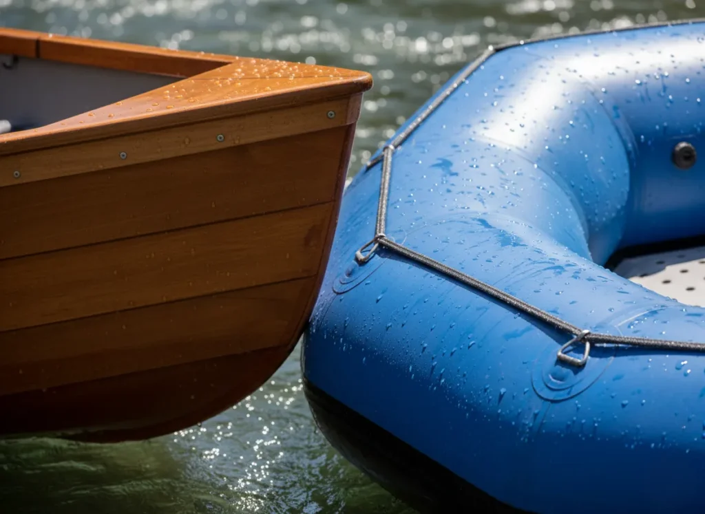 A close-up comparison of a rigid dory hull next to the inflatable tube and self-bailing floor of a whitewater raft.
