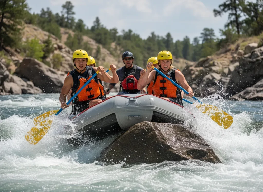 A team of rafters paddles in unison to skillfully navigate their boat around a large rock in a whitewater rapid.