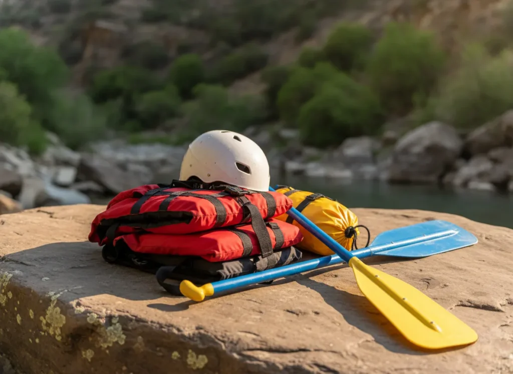 Essential rafting gear including a PFD, helmet, throw bag, and paddle laid out on a riverside rock.