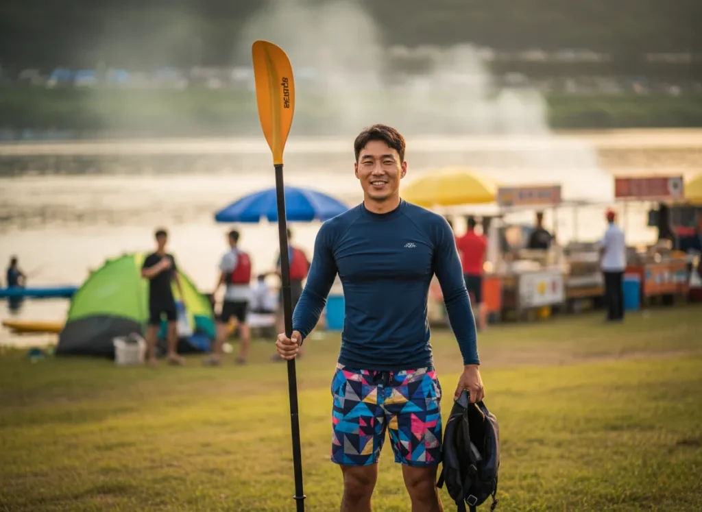 A smiling male paddler stands on a riverbank during a whitewater festival, with tents and other people visible in the background.
