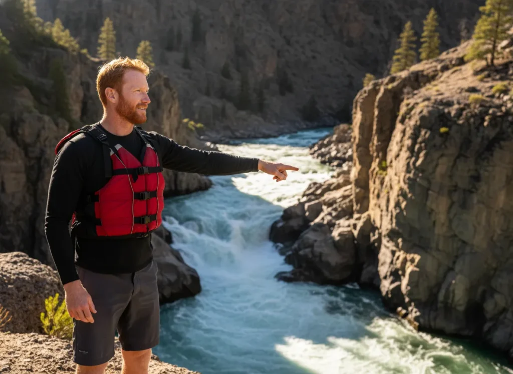 An experienced rafter in his late 30s stands on a cliff, thoughtfully scouting a complex rapid below.