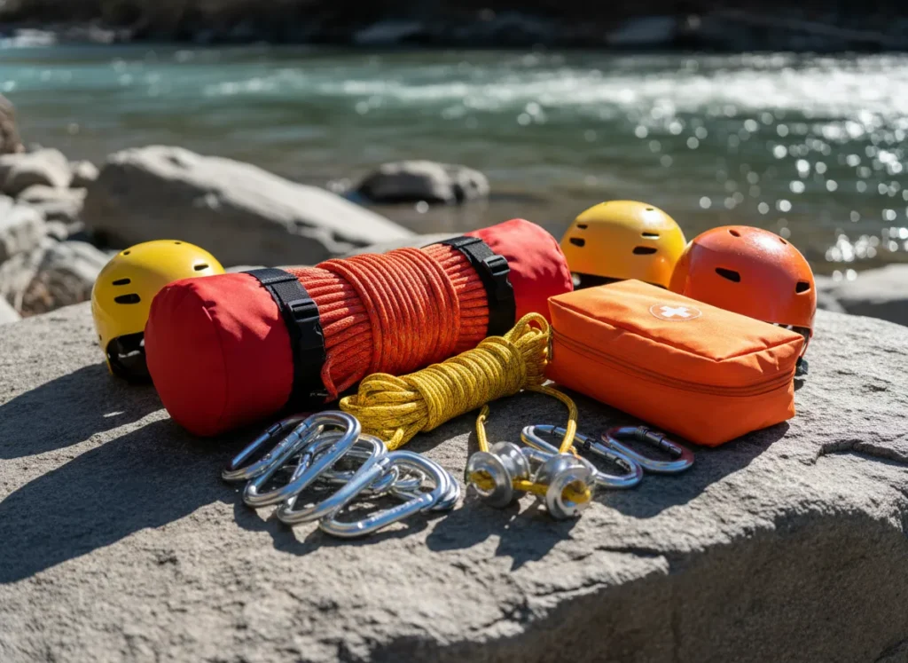 Essential river rescue gear, including a throw bag, pin kit, and first-aid kit, laid out on a rock by the river.