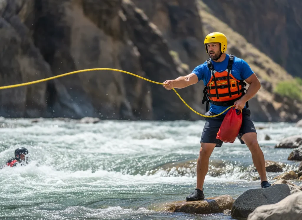 A skilled rescuer stands on a riverside rock, throwing a rescue rope to a swimmer in turbulent water.