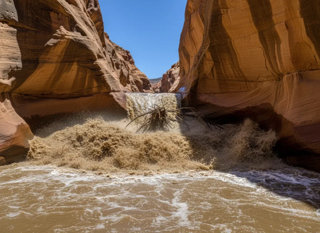 The front wave of a muddy, debris-filled flash flood surges violently through a narrow canyon, demonstrating the ultimate threat to rafters.