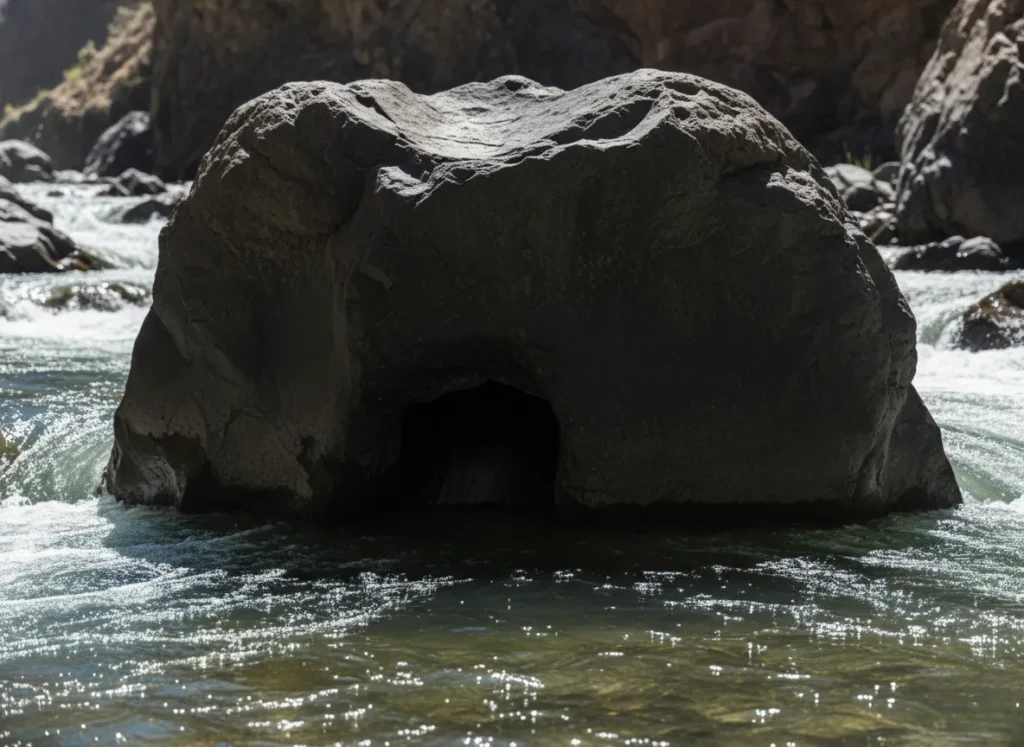 A close-up view of an undercut rock in a river, showing the water current flowing directly into a submerged cavern at its base without creating a splash.