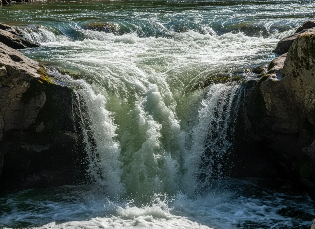 A detailed view of a river hydraulic showing the powerful recirculation of water over a submerged rock ledge.