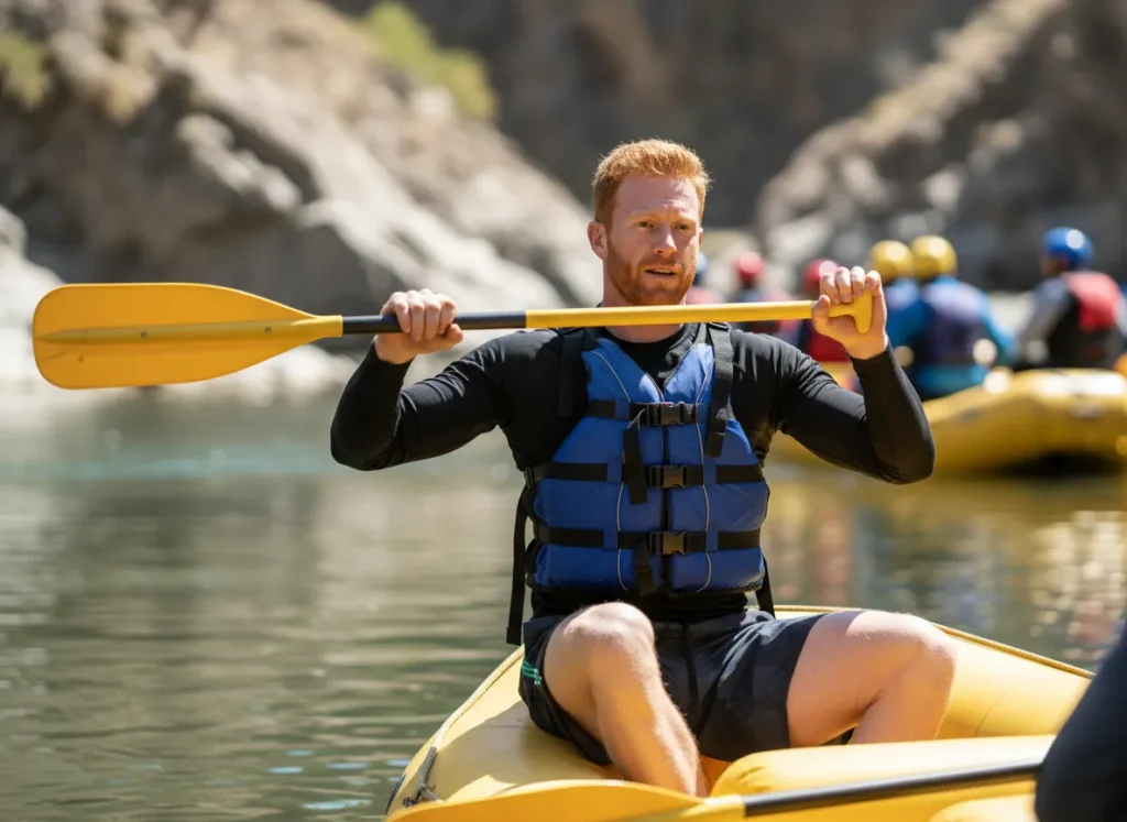A male rafter demonstrates the safe 'Paddler's Box' position, holding his paddle with elbows low and in front of his body.