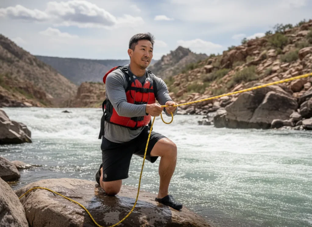 A man in rafting gear kneels on a riverside rock, holding the end of a rescue rope he has just thrown into the water.
