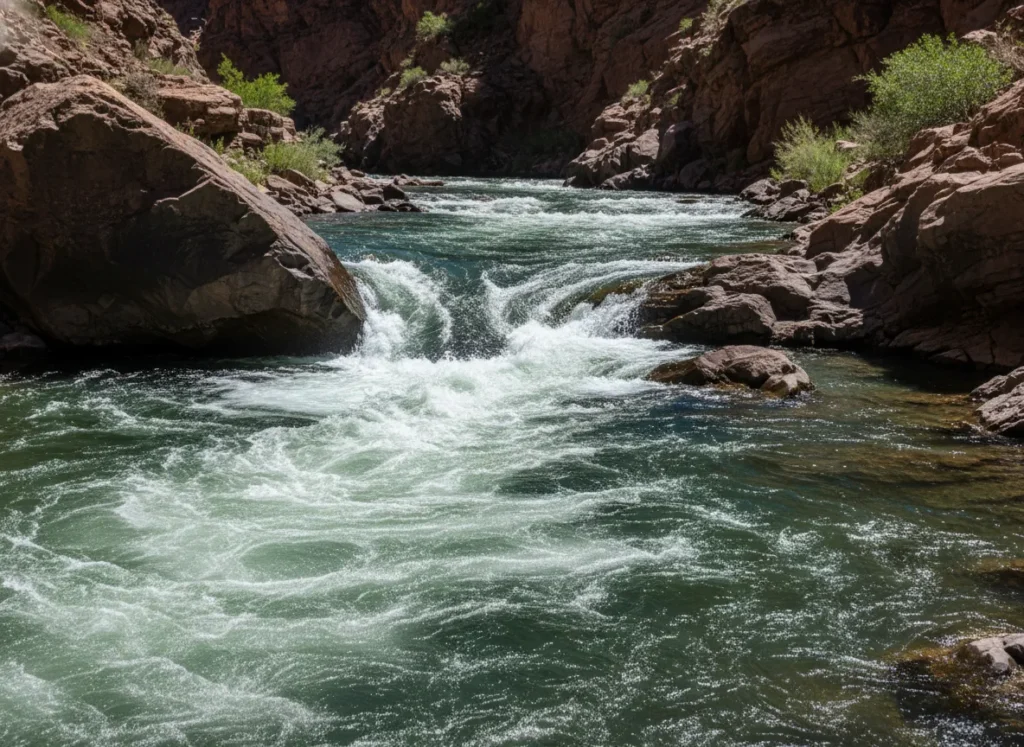A clear view of a river rapid showing the downstream V tongue, an upstream V hazard, and a calm eddy.